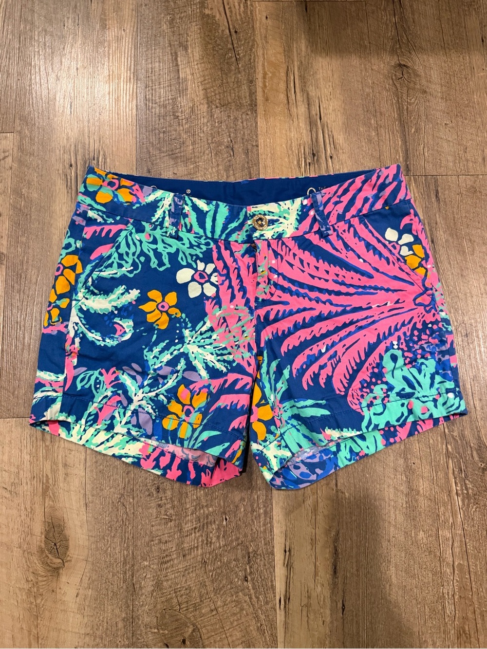 Lilly Pulitzer Navy Floral Print Bermuda Shorts with Pink & Aqua Accents 0